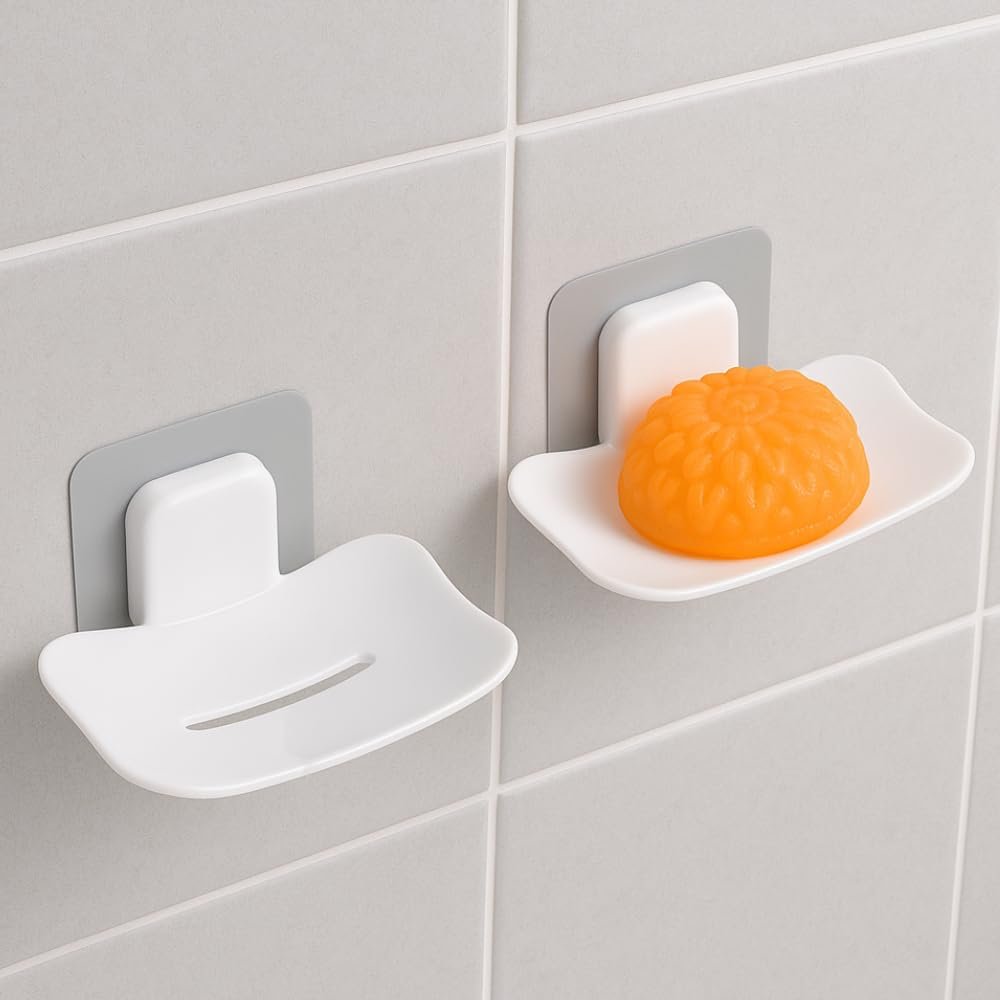 Satpurush Self-Adhesive Soap Holder for Bathroom (Pack of 2) Wall Mounted No-Drill Soap Stand with Water Drainage | Strong Sticker Plastic Soap Dish for Wash Basin & Kitchen (White)