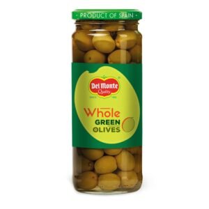 Del Monte Green Whole Olives 450g l Imported from Spain | Italian cuisine ingredient | Low Fat Ready-to-Eat Healthy Snack | Source of Fibre, Gluten Free, No Added Preservatives