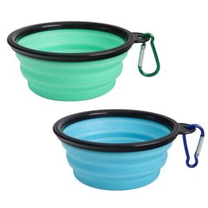SLSON Collapsible Dog Bowl 2 Pack, Portable Silicone Pet Feeder, Foldable Expandable for Dog/Cat Food Water Feeding, Travel Bowl for Camping, Light Blue and Green,?15 cm,H_5 cm,W_5 cm