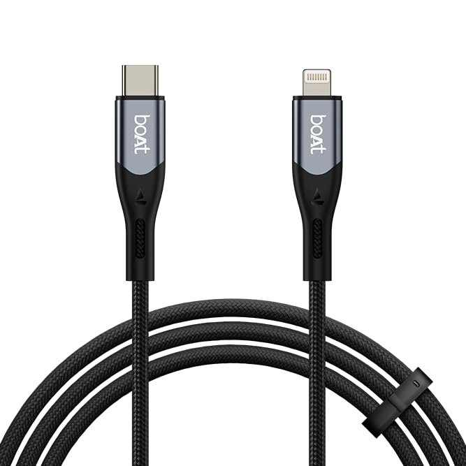 boAt Type C to Lighting Cable for 27W Fast Charging | 480 Mbps Data Transfer | 1.2 m (3.9 ft) Perfect Cable Length | Premium Nylon Braiding | Durable & Tangle-Free | with Silicon Tie (Carbon Black)