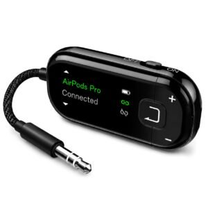 Avantree Voyager – Airplane Bluetooth Adapter for Headphones & AirPods, Bluetooth 5.4 with Latest Auracast & OLED Display, Qualcomm Chip, aptX Adaptive, Wireless Audio Transmitter for Travel & Flight