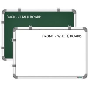 YAJNAS 2×3 Feet Double Sided White Board and Chalk Board Non Magnetic Whiteboard for Home Office Kids Wall Hanging Board with Sliding Hanging Clips Robust Aluminium Frame Smooth Melamine Surface
