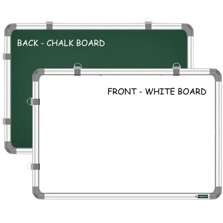 YAJNAS 2×3 Feet Double Sided White Board and Chalk Board Non Magnetic Whiteboard for Home Office Kids Wall Hanging Board with Sliding Hanging Clips Robust Aluminium Frame Smooth Melamine Surface