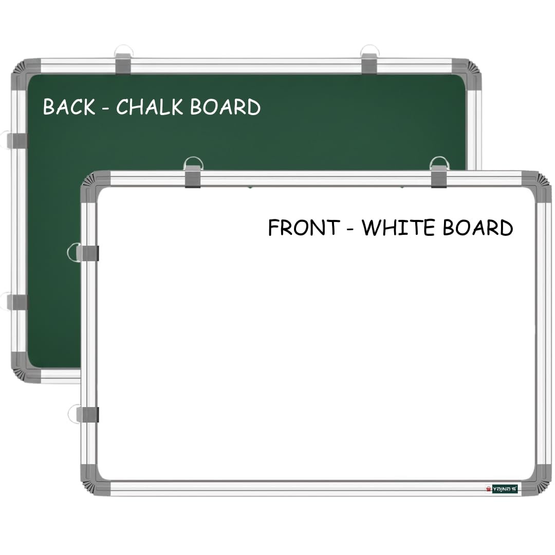 YAJNAS 2×3 Feet Double Sided White Board and Chalk Board Non Magnetic Whiteboard for Home Office Kids Wall Hanging Board with Sliding Hanging Clips Robust Aluminium Frame Smooth Melamine Surface