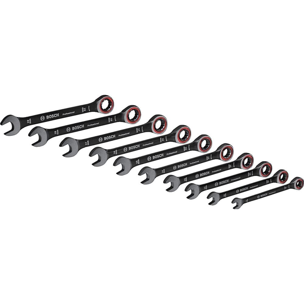 Bosch Professional 10-Piece Spanner Wrench Set (8-19 mm) – Made of Durable Chromium-Vanadium Steel, Equipped with 3-Degree Backswing Toothless Ratchet, Comes with Storage Bag