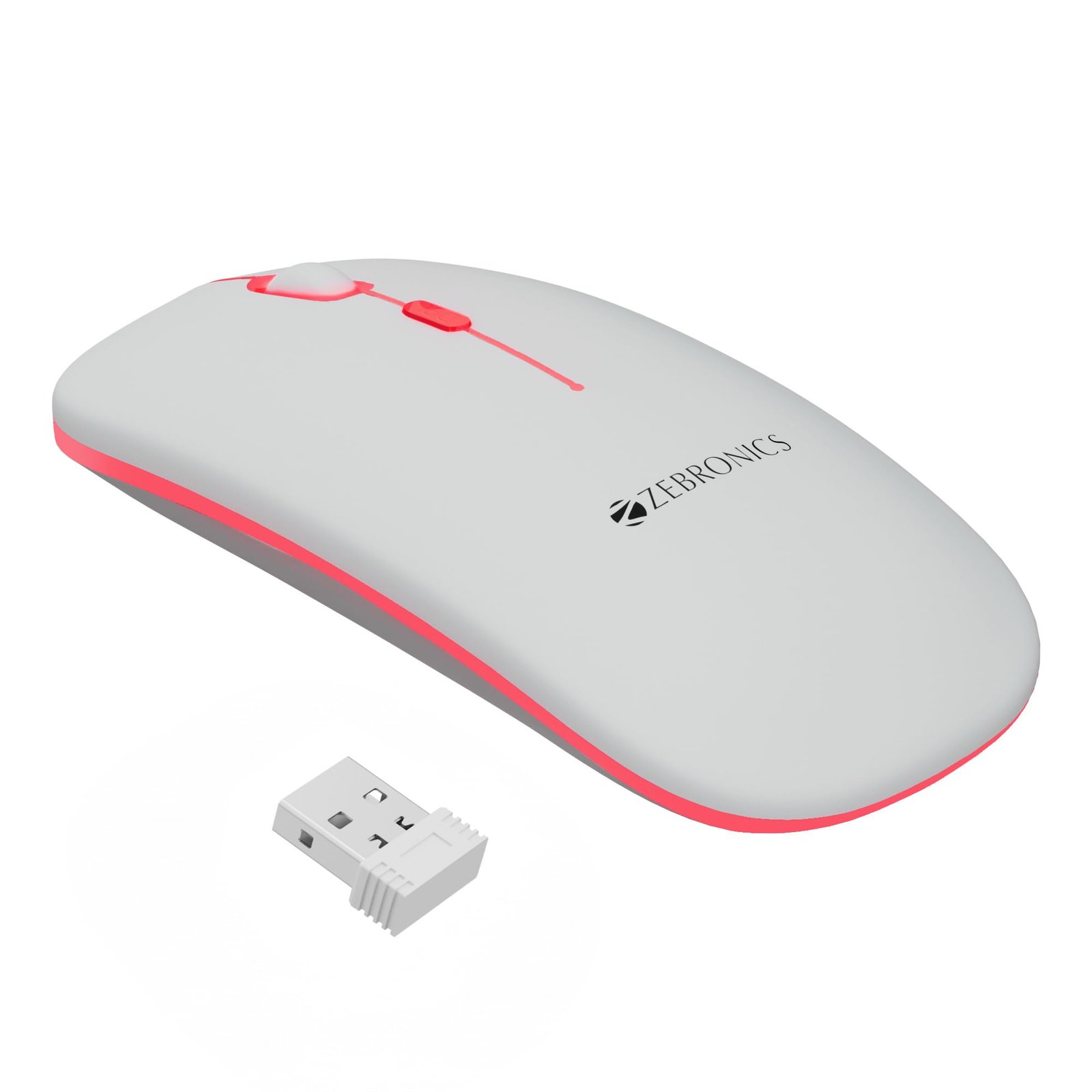 Zebronics Wireless Mouse, Dual Mode 2.4GHz + BT, Up to 1600 DPI, USB Nano Receiver, Lightweight Design, Multicolor LED Lights, Rechargeable Battery (Blanc, White)
