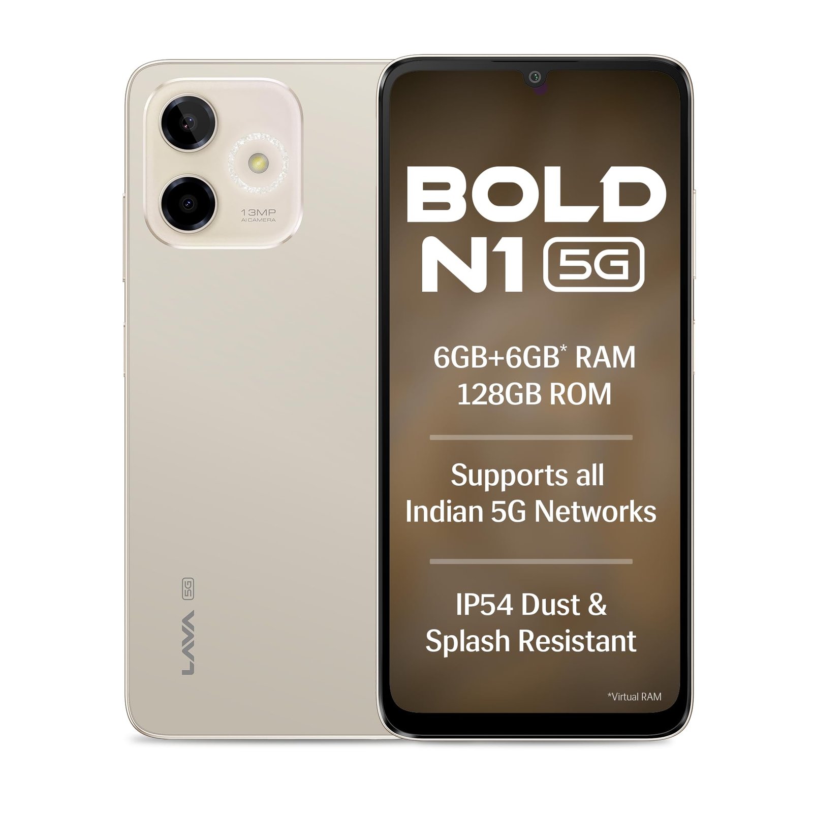 Lava Bold N1 5G (Champagne Gold, 6GB RAM, 128GB Storage) |Bigger 6.75″ HD+ Notch Display | Octacore 5G Processor | 13 MP AI Camera |5000 mAh Battery| IP54 Rated Dust & Water Splash Proof