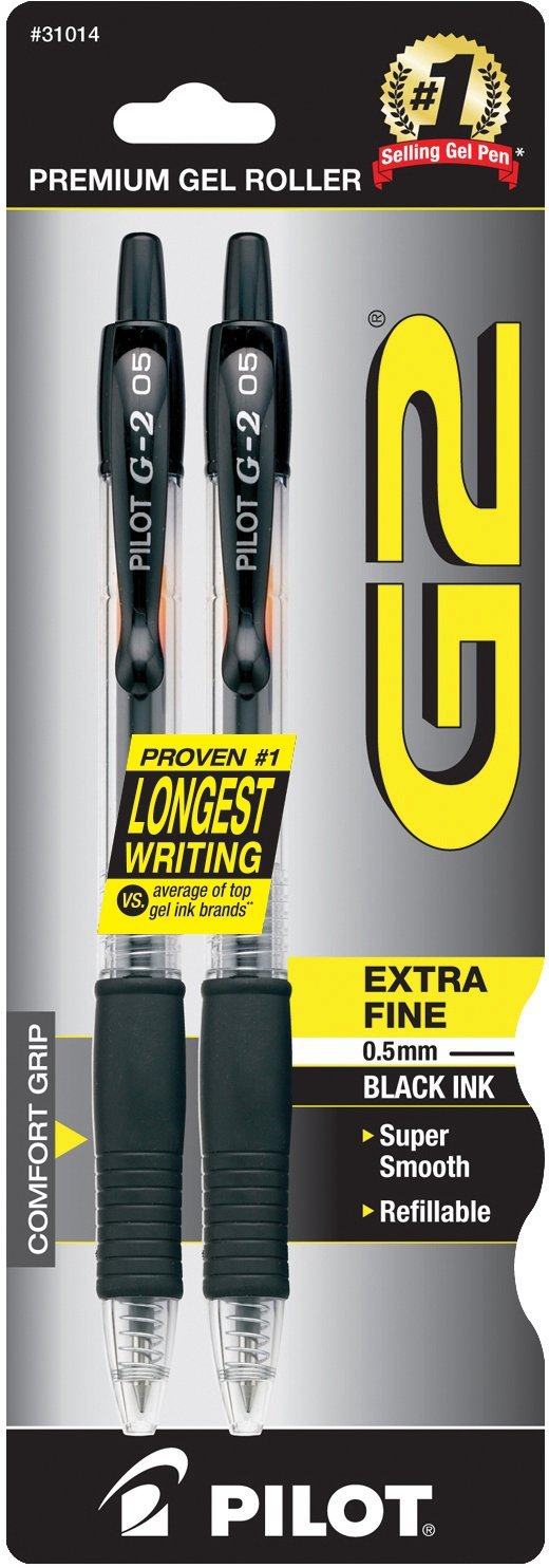 Pilot G2 Retractable Premium Gel Ink Roller Ball Pens, Extra Fine Point, 2-Pack, Black Ink (31014)