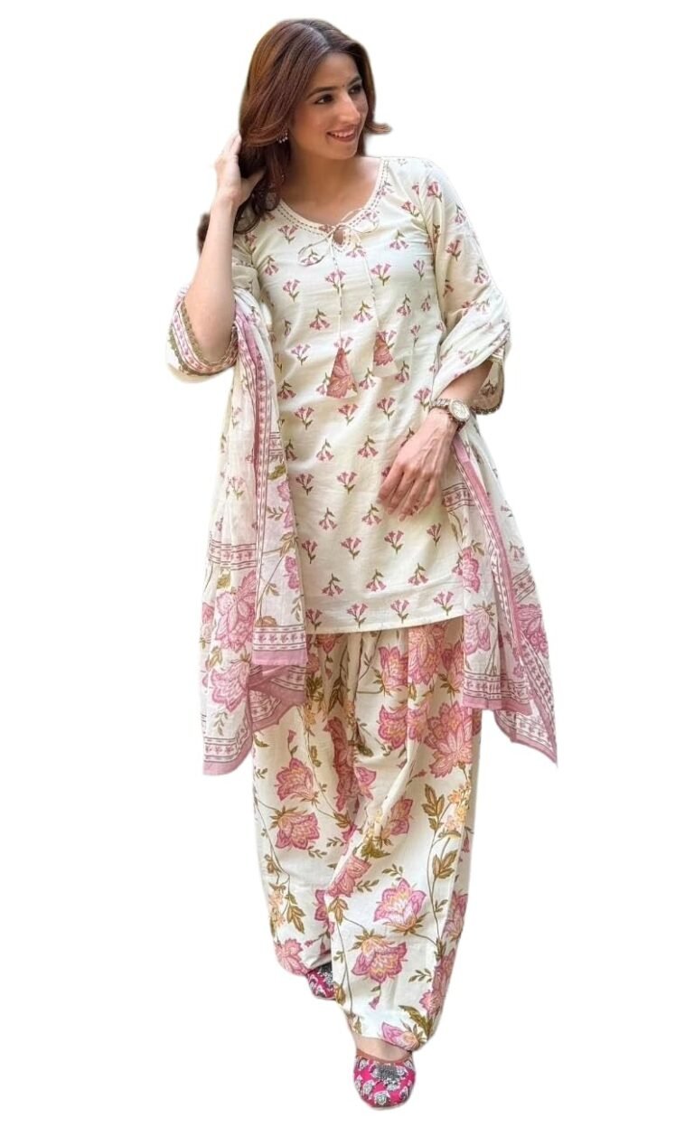 KLOSIA Women’s Floral Printed Farshi Salwar Suit Set with Dupatta | Straight Kurta, Wide-Leg Salwar&Dupatta | Traditional Ethnic Wear Set | Kurta Sets for Women