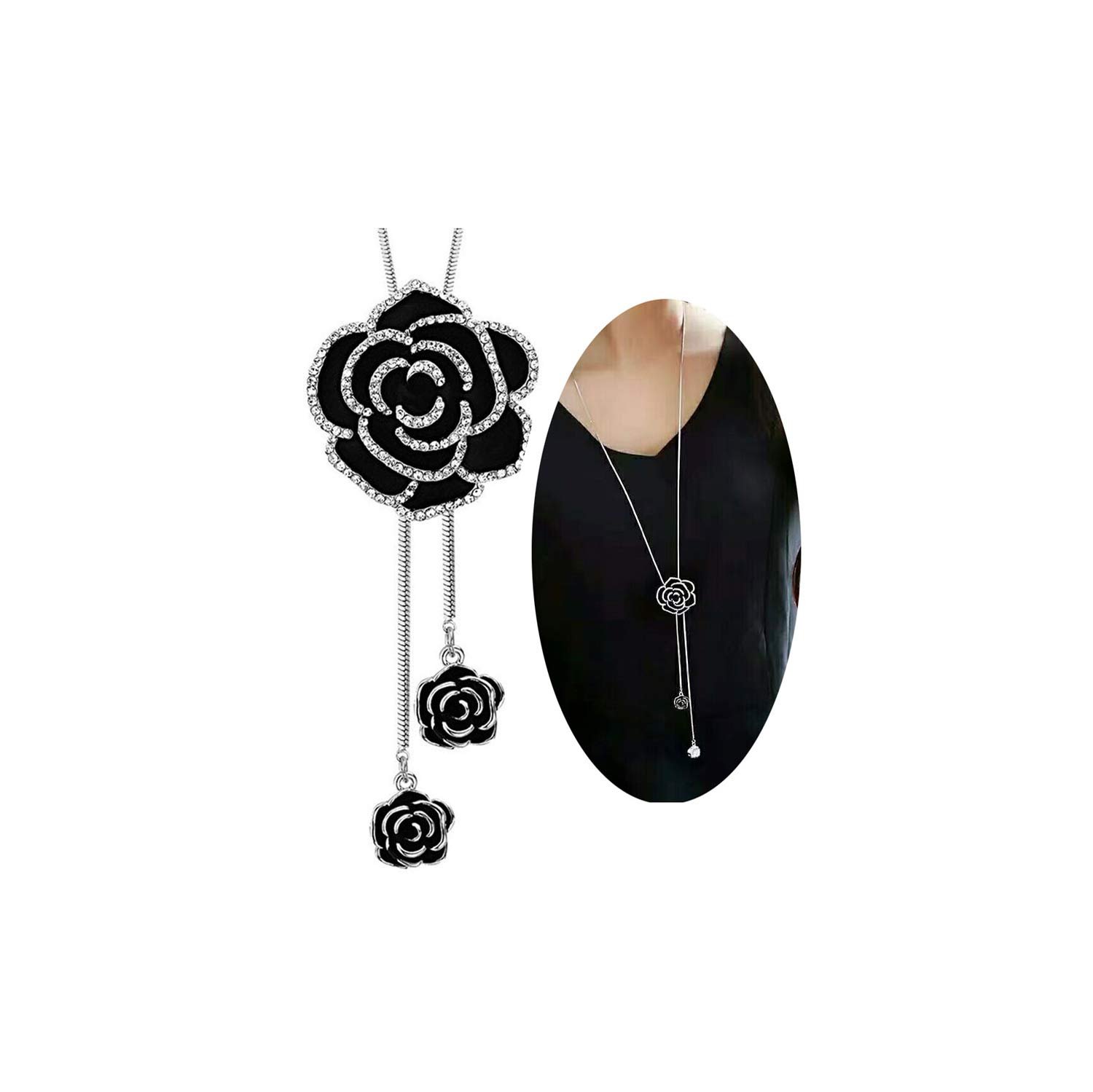 Shining Diva Fashion Long Chain Black Crystal Rose Flower Pendant Necklace for Women and Girls