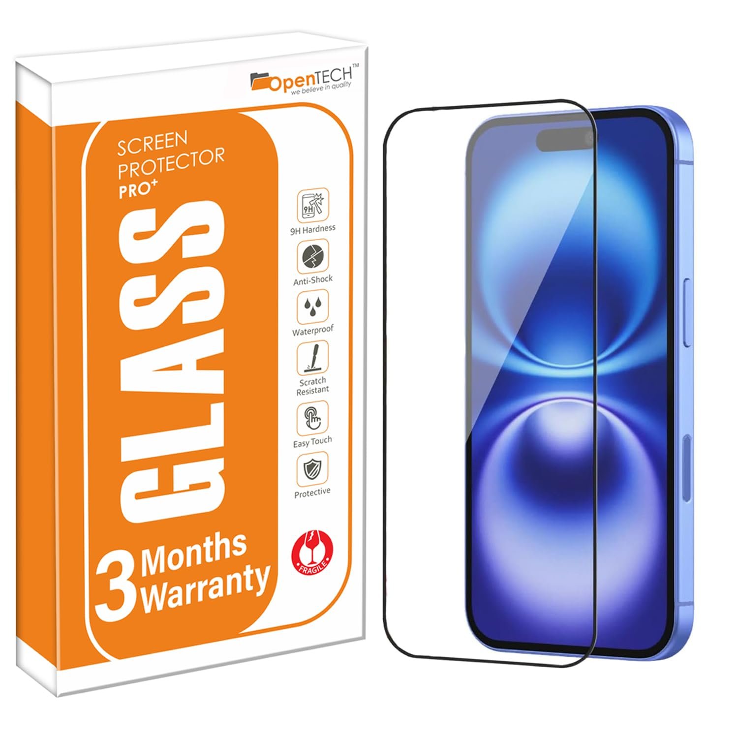 OpenTech®️ Military-Grade Gorilla Tempered Glass Screen Protector for iPhone 16 with Edge to Edge Coverage – Case Friendly, Anti scratch and Bubble free installation kit