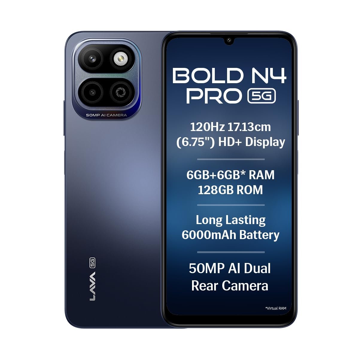 Lava Bold N4 Pro 5G (Monaco Blue, 6GB RAM, 128GB Storage) | 50MP AI Rear Camera | 6000mAh Battery with 18W Fast Charge | 500K+ Antutu | IP64 Rated |Clean Android 16 | Free Service @ Home