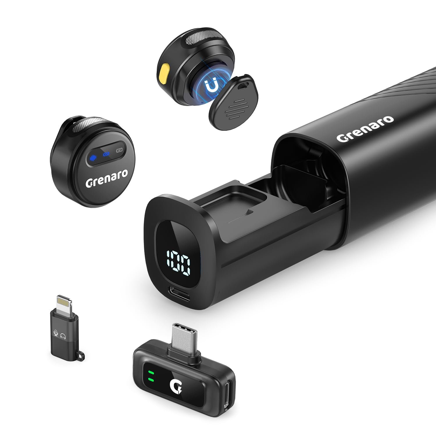 GRENARO Wireless Mic for YouTube with 3-Level Noise Reduction,Mic for YouTube Wireless with Battery Display Charging Case for Android/iOS, Hidden Design Suitable for Facebook, Live Streaming, Vlogging