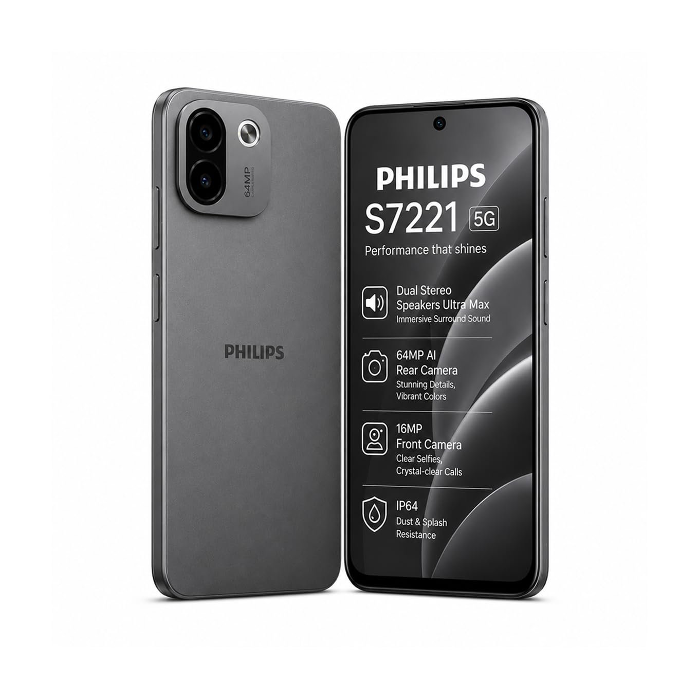 Philips S7221 5G Smartphone (Gray) | 6.67″ HD+ Display | 64MP Camera | 5700mAh Battery |6GB RAM + 128GB Storage | Dual SIM