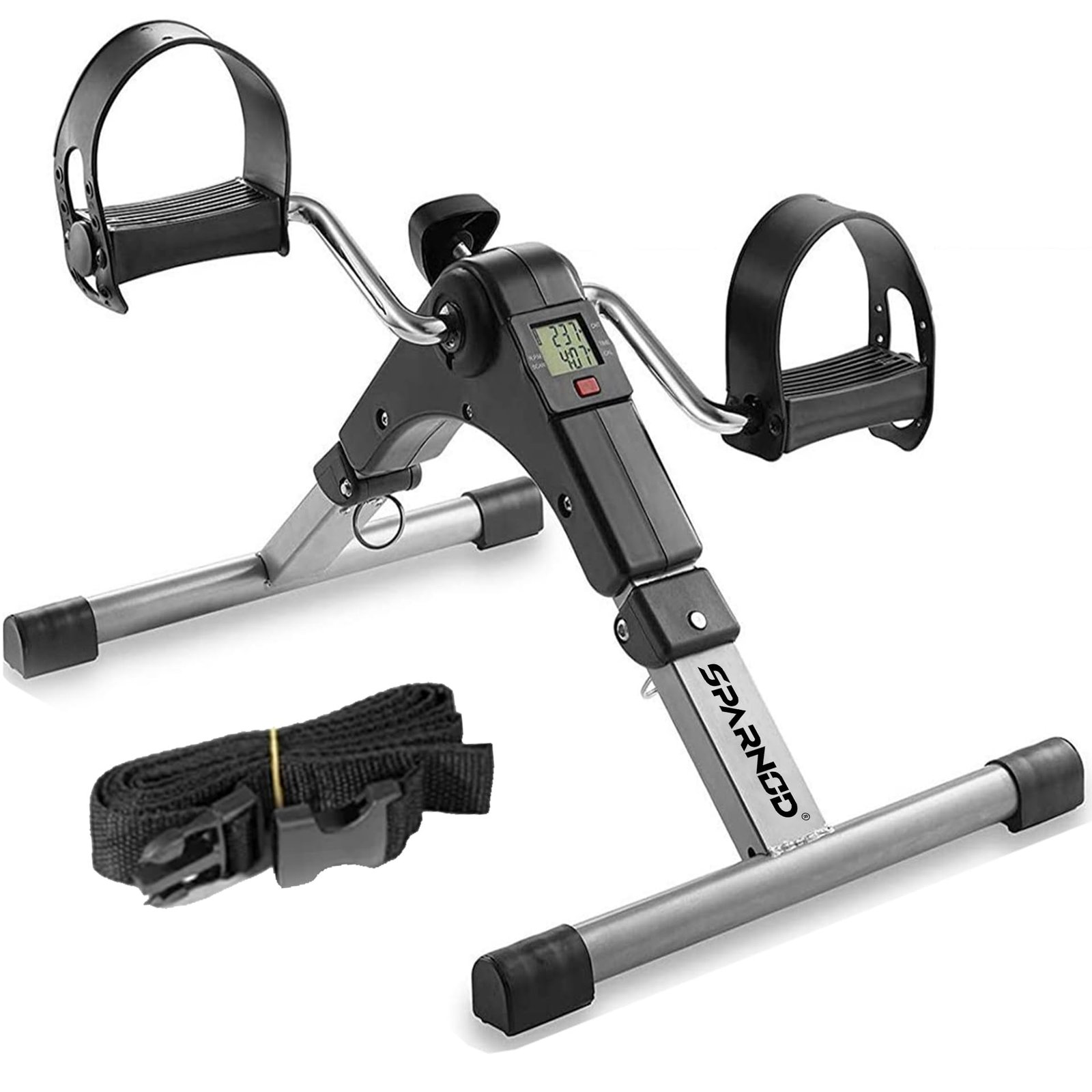 SPARNOD FITNESS SMB-100 Mini Cycle Pedal Exerciser with Fixing Strap, Adjustable Resistance and Digital Display – Suitable for Light Exercise of Legs, Arms, and Physiotherapy at Home