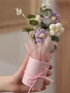 VRB Dec 1pcs Artificial Crochet Flower Bouquet/Artificial Flowers Bunch/Crochet Flowers Bouquet/Crochet Flowers/Flowers Bouquet Gift for Girls Home Decor,Gifting,etc. (Purple Daisy Bouquet)