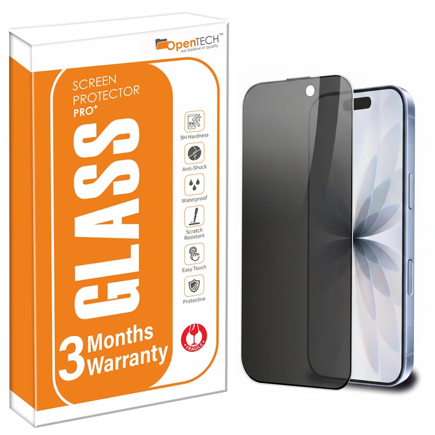 OpenTech®️ Privacy Tempered Glass Screen Protector for iPhone 16 with Edge to Edge Coverage – Anti-Spy, Case Friendly and Bubble free installation kit