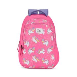 Genie Unicorn School Backpack for Girls |17 In-27 Ltr with Three Compartments, Side Pockets and Light Weight with Padded Shoulders |Best for Books,Stationery, Lunch Box & Essentials – Pink