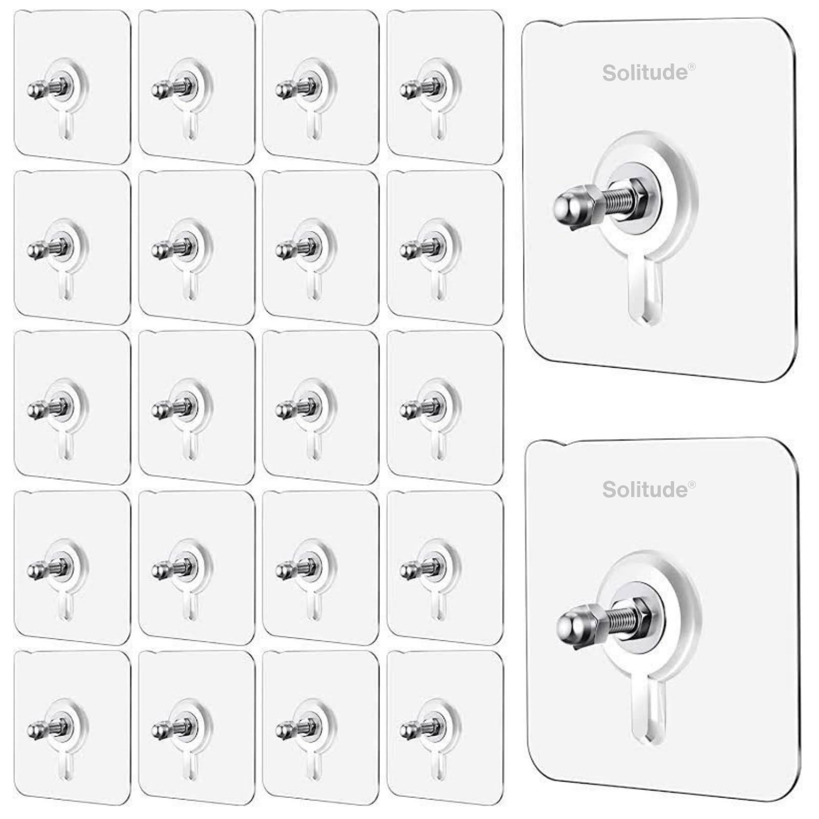 Solitude 20 Pieces Self Adhesive Screw Hangers | Nail Free Wall Hooks for Hanging Picture Frames, Wall Clocks, and Mirrors | Heavy Duty No Drilling Sticky Hooks for Home and Office
