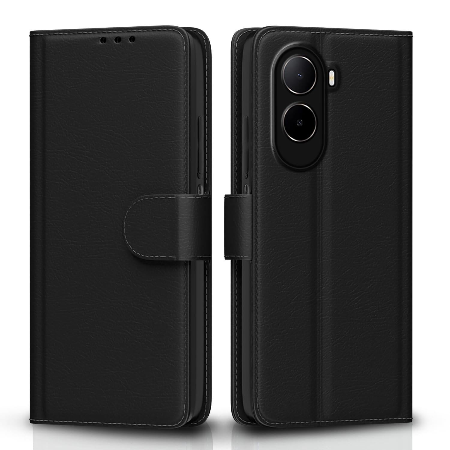 Pikkme Flip Cover for Mi Redmi A7 Pro/Poco C85x 5G / C81 Leather Finish | Inside TPU with Card Pockets | Wallet Stand and Shock Proof | Complete Protection Flip Case (Black)