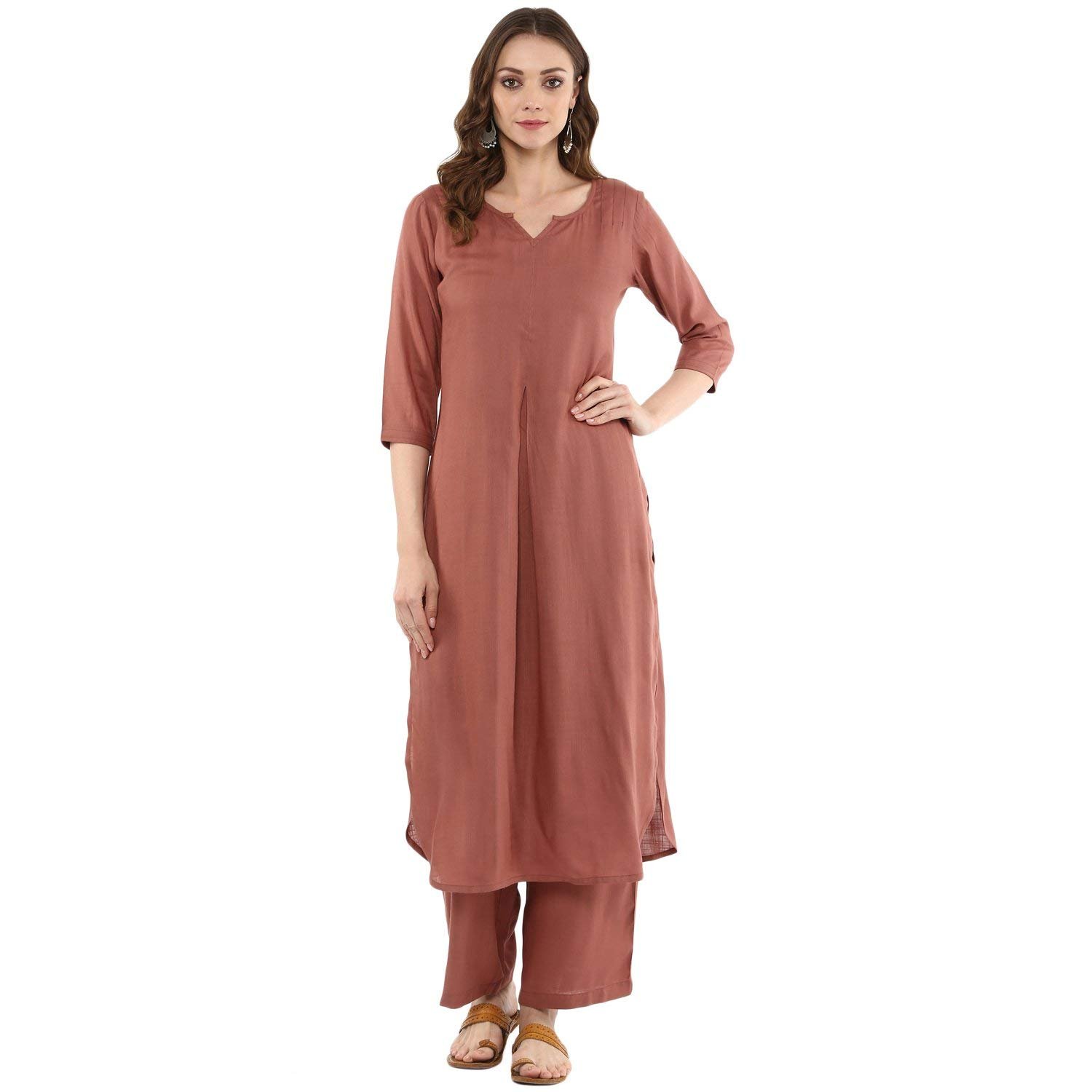 idaLia Rayon Solid Straight Brown Kurta Set for Women with Palazzo 3/4 Sleeve, Round V Neck Designer Kurta with Palazzo Pant Set