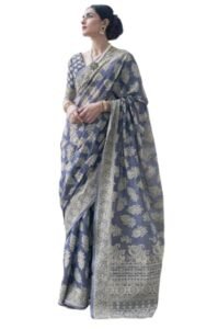 SWORNOF Women’s Lucknowi Chikankari Linen cotton Woven Sarees For Women with Blouse sarees for Women