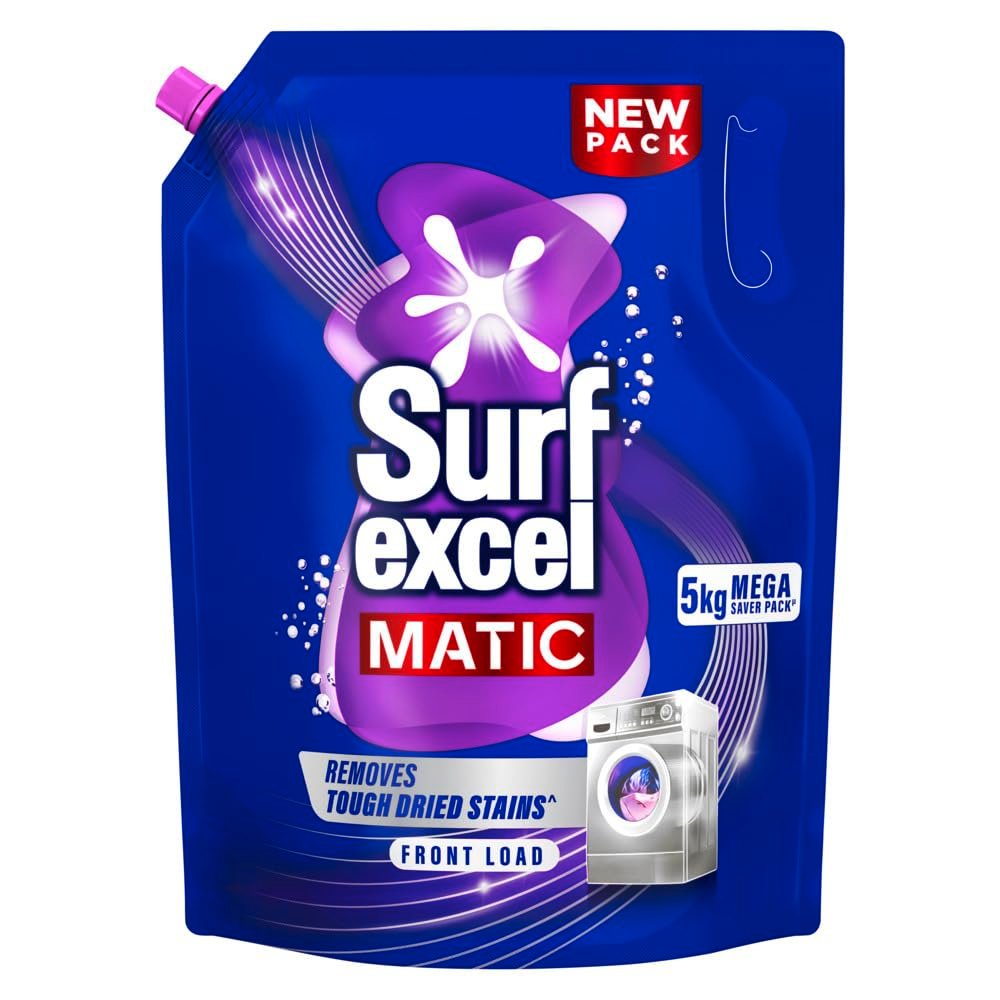 Surf Excel Matic Front Load Liquid Detergent 5Kg Refill Pouch, Specially designed to remove Tough Dried Stains, 1st time in Washing Machine