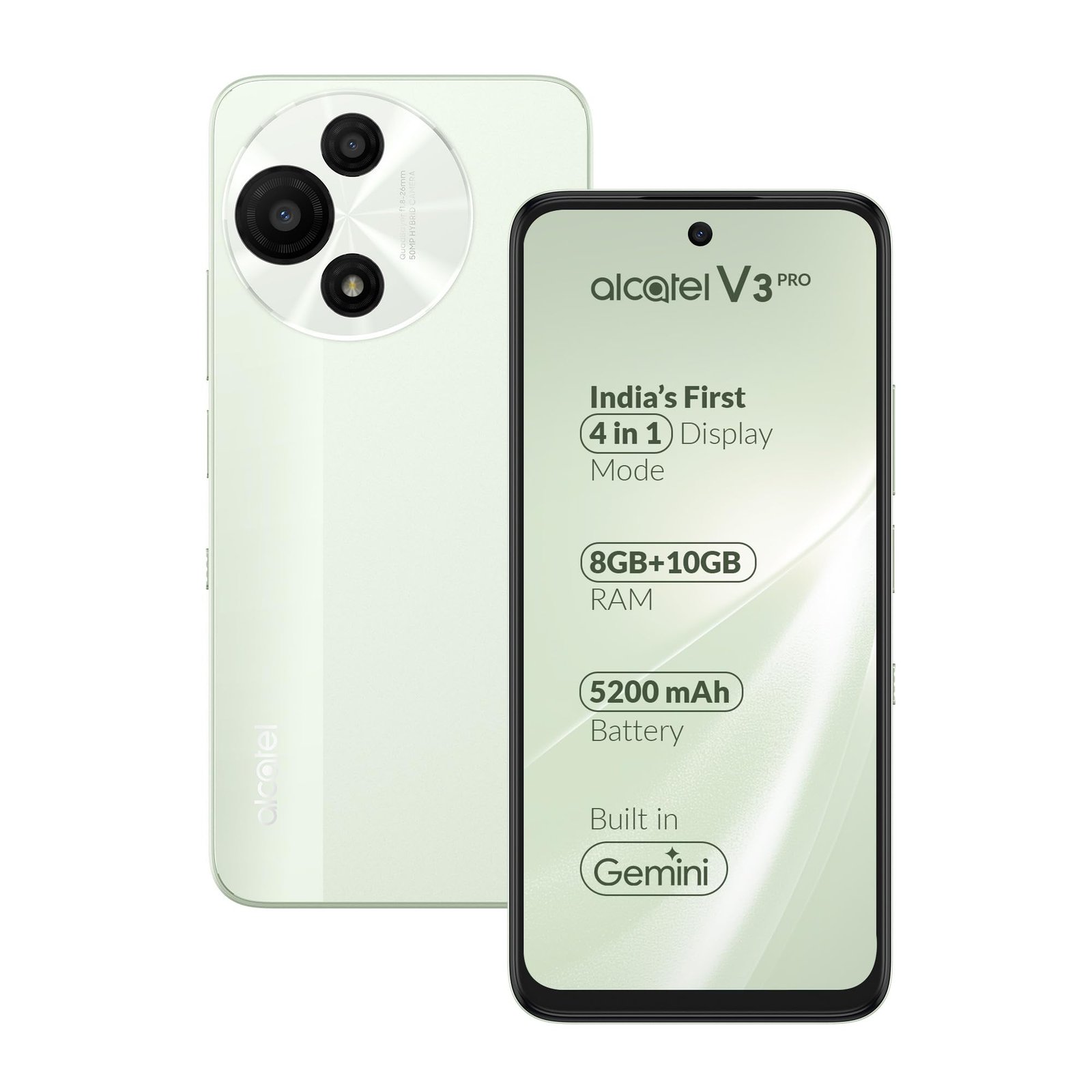 Alcatel V3 Pro 5G (Matcha Green, 8GB+256GB) | India’s 1st Patented NXTPAPER Superior Display | 50MP AI Dual Camera | NFC, 2TB Expandable Memory | Gemini in-Built | with Charger