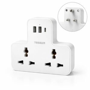 TESSAN Universal Socket Adapter with 2 AC Outlets,15W GaN Fast Charging, Surge Protection, Type-C Port, 3-Pin Plug, Compatible with 6A Plugs Without Blocking Adjacent Plugs