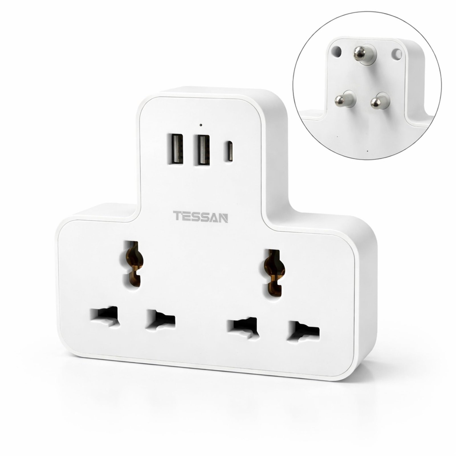 TESSAN Universal Socket Adapter with 2 AC Outlets,15W GaN Fast Charging, Surge Protection, Type-C Port, 3-Pin Plug, Compatible with 6A Plugs Without Blocking Adjacent Plugs