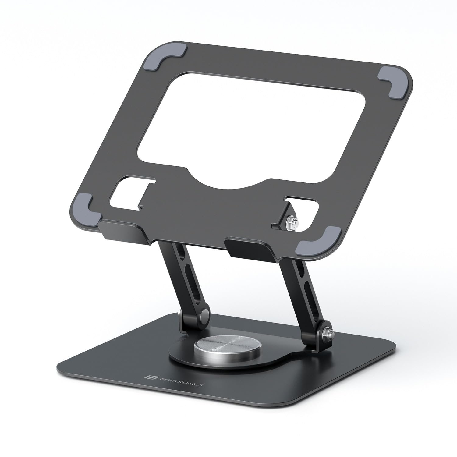 Portronics My Buddy A1, Metal Tablet Stand, 360° Rotating Base, Height & Angle Adjustable, Supports Up to 12 Inch Tablets & 5Kg Load, Foldable & Portable, Anti-Slip Pads (Grey)