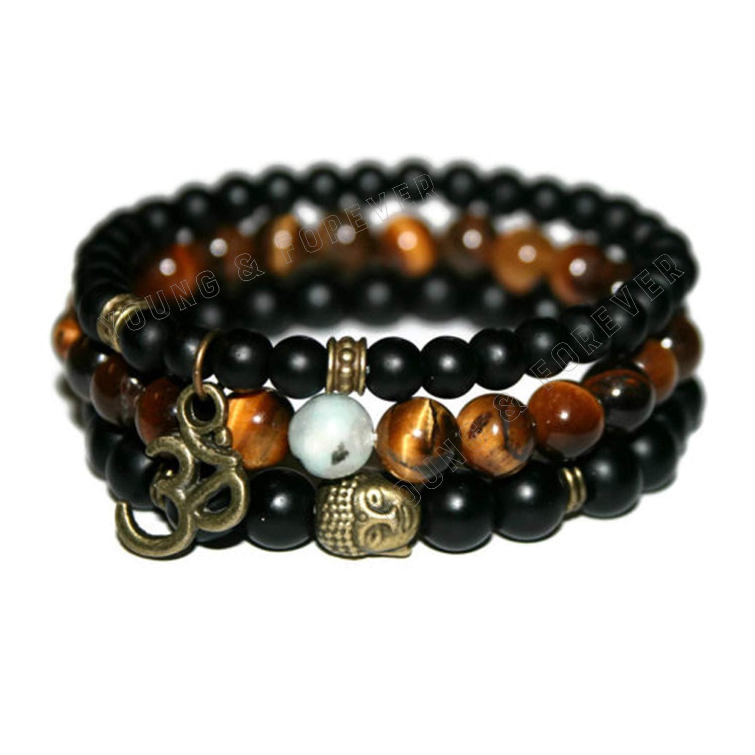 Young & Forever Gift D’Vine Onyx Tiger Eye Tourmalinated Quartz Beads Yoga Reiki Om Charm Stone Energy Multistrand Bracelet Set for Mens, Women