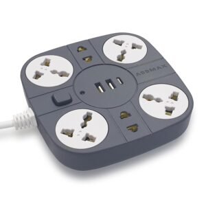 ADDMAX Extension Board with USB | 6 Power Sockets, 2 USB Ports + 1 Type-C Port | 5 Meter Heavy Duty Cord | 10A 220V Multi Plug Extension Cord | Fireproof Power Strip for Home, Office & Laptop – Grey