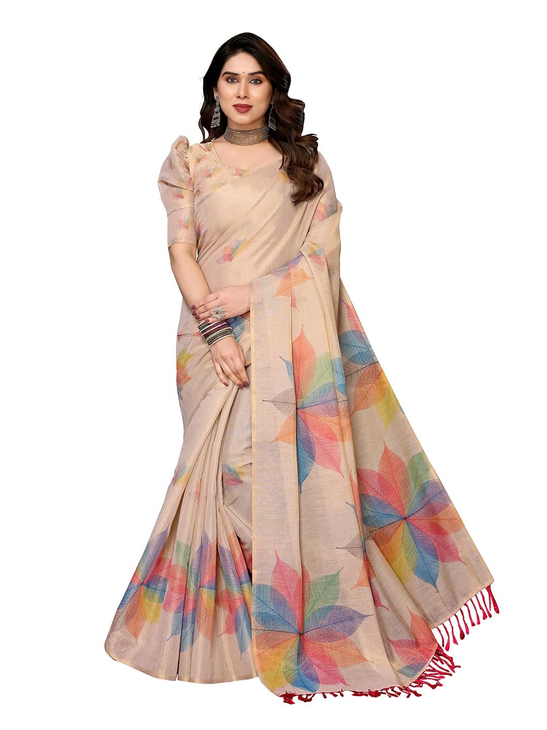 Yashika Women’s Chanderi Floral Digital Print Chandheri Saree with Unstitched Blouse Material