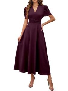 Shasmi Girl’s & Women’s Solid Color V-Neck A-Line Maxi Dress for Women | New Year Party Outfit | Waist Cinched Puff Sleeve Western | Elegant Casual Wear (Dress 246)