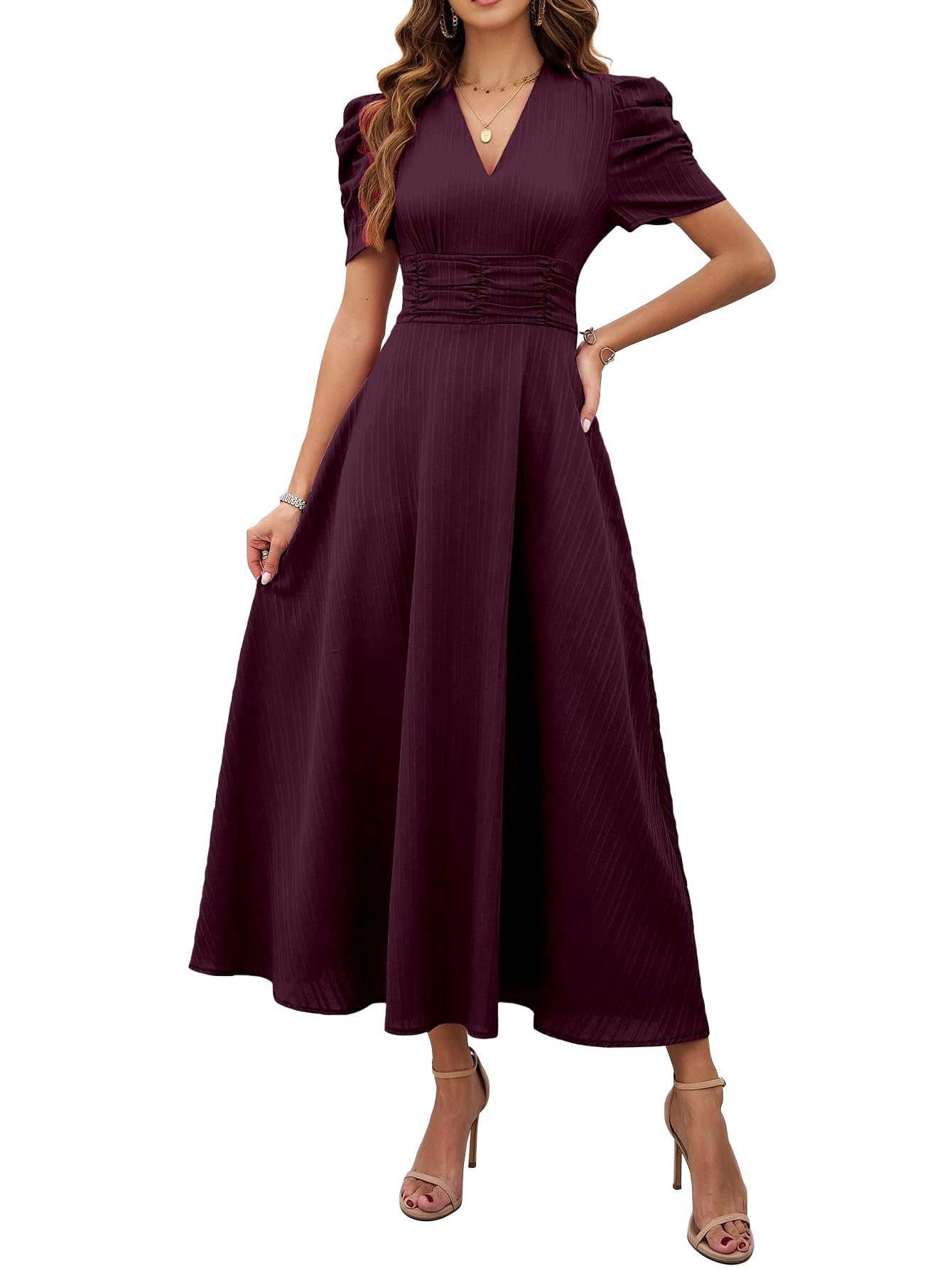 Shasmi Girl’s & Women’s Solid Color V-Neck A-Line Maxi Dress for Women | New Year Party Outfit | Waist Cinched Puff Sleeve Western | Elegant Casual Wear (Dress 246)
