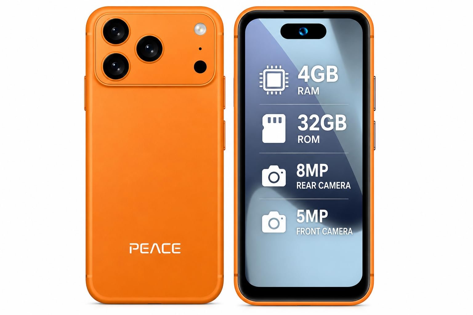 PEACE Mi5 Pro Android Smartphone | 4GB RAM + 32GB Storage | 4.05-inch QHD Display | 8MP Rear Camera | 5MP Front Camera | Dual SIM 4G Volte | 2500mAh Battery | Orange