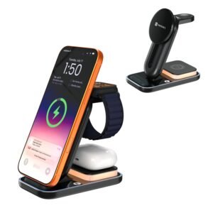 Portronics TriCharge Ultra 3-in-1 Wireless Charger for iPhone, Android, Smartwatch & Earbuds, 15W Qi Fast Charging, Sliding Height Adjustment, Touch Control Light, Type-C Connectivity, (Black)