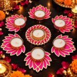 Handmade 7 Pc Pink Lotus Chudi Diya Rangoli Candles With Wax For Diwali Ganesh Chaturthi Laxmi Pooja Home Temple Rangoli Diya Floor Decoration, Woody