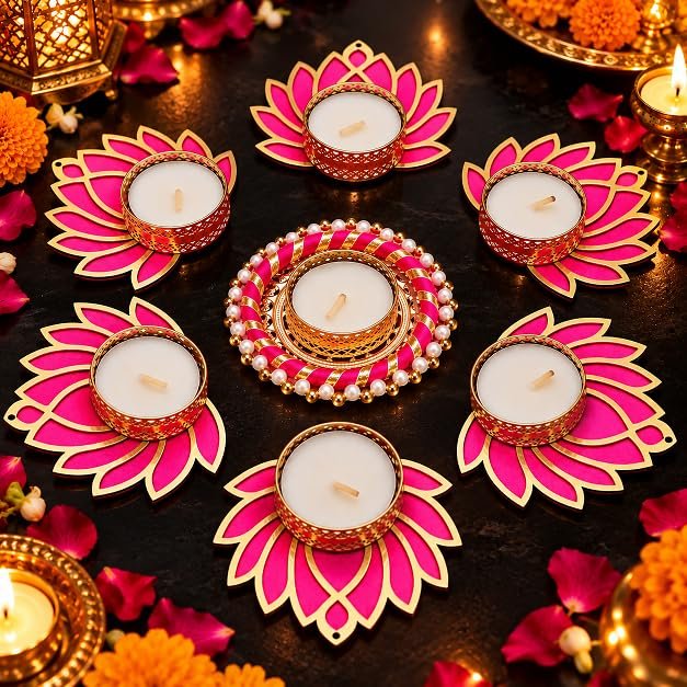 Handmade 7 Pc Pink Lotus Chudi Diya Rangoli Candles With Wax For Diwali Ganesh Chaturthi Laxmi Pooja Home Temple Rangoli Diya Floor Decoration, Woody