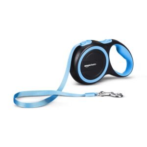 Amazon Basics Retractable Dog Leash | 5 Meter | for Large Dogs Up to 50 Kg | Heavy Duty Leash for Pets | Strong Nylon Tape, Anti-Slip Handle, Built in Spring, One-Click Brake Pause | Blue