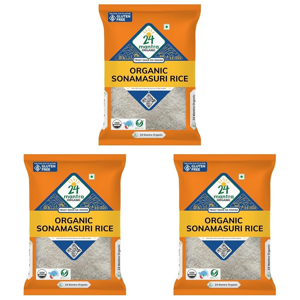 24 Mantra Organic Sonamasuri Polished Raw Rice/Sonamasoori Chawal – 5 Kg | Pack of 3 | 100% Organic | Chemical Free & Pesticides Free