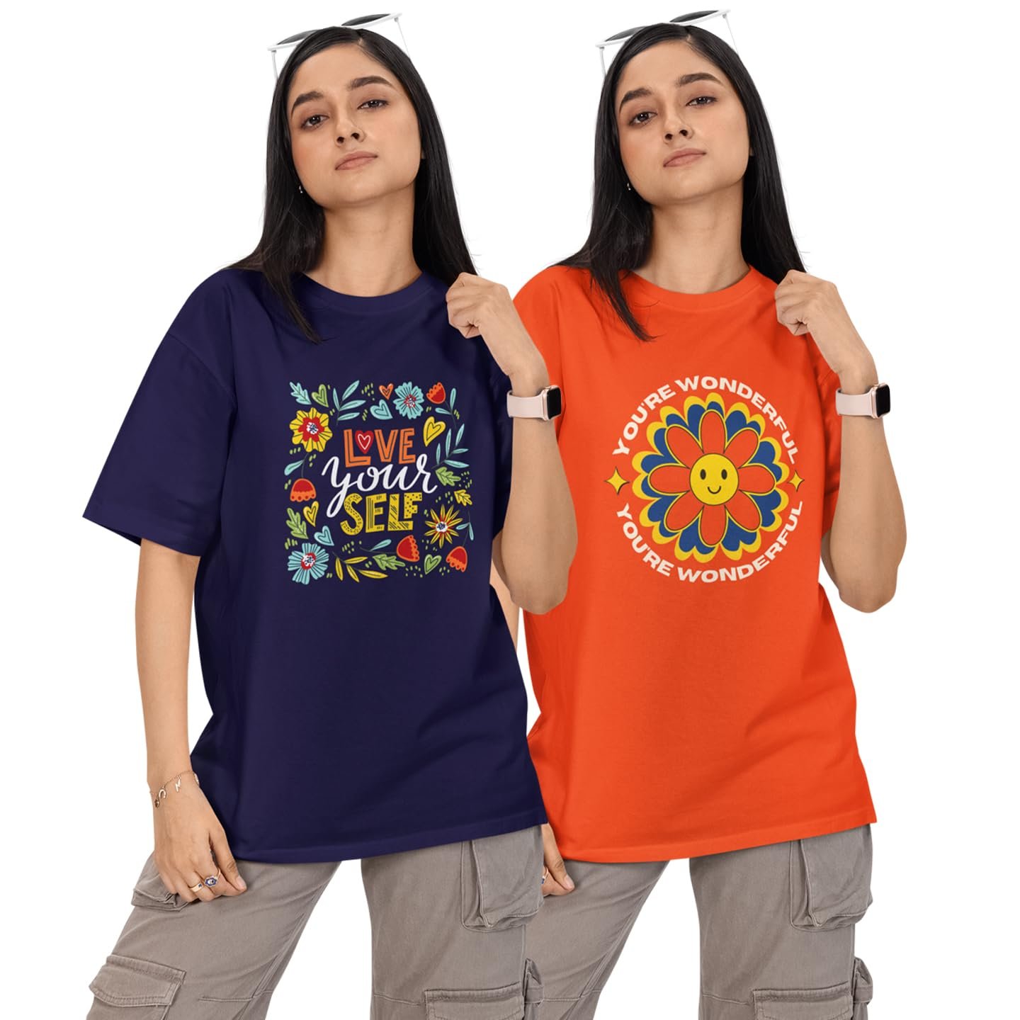 Reifica 100% Pure Cotton Printed Half Sleeve Oversized Tshirts for Women Combo Pack of 2