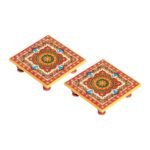 Handicrafts Paradise (4 x 4 inch, Set of 2Pc) Intricate Floral Painted Marble Chowki (Multicolour) Idols Statues Pratima, Bajot for God, Home Mandir, Home Décor Showpiece
