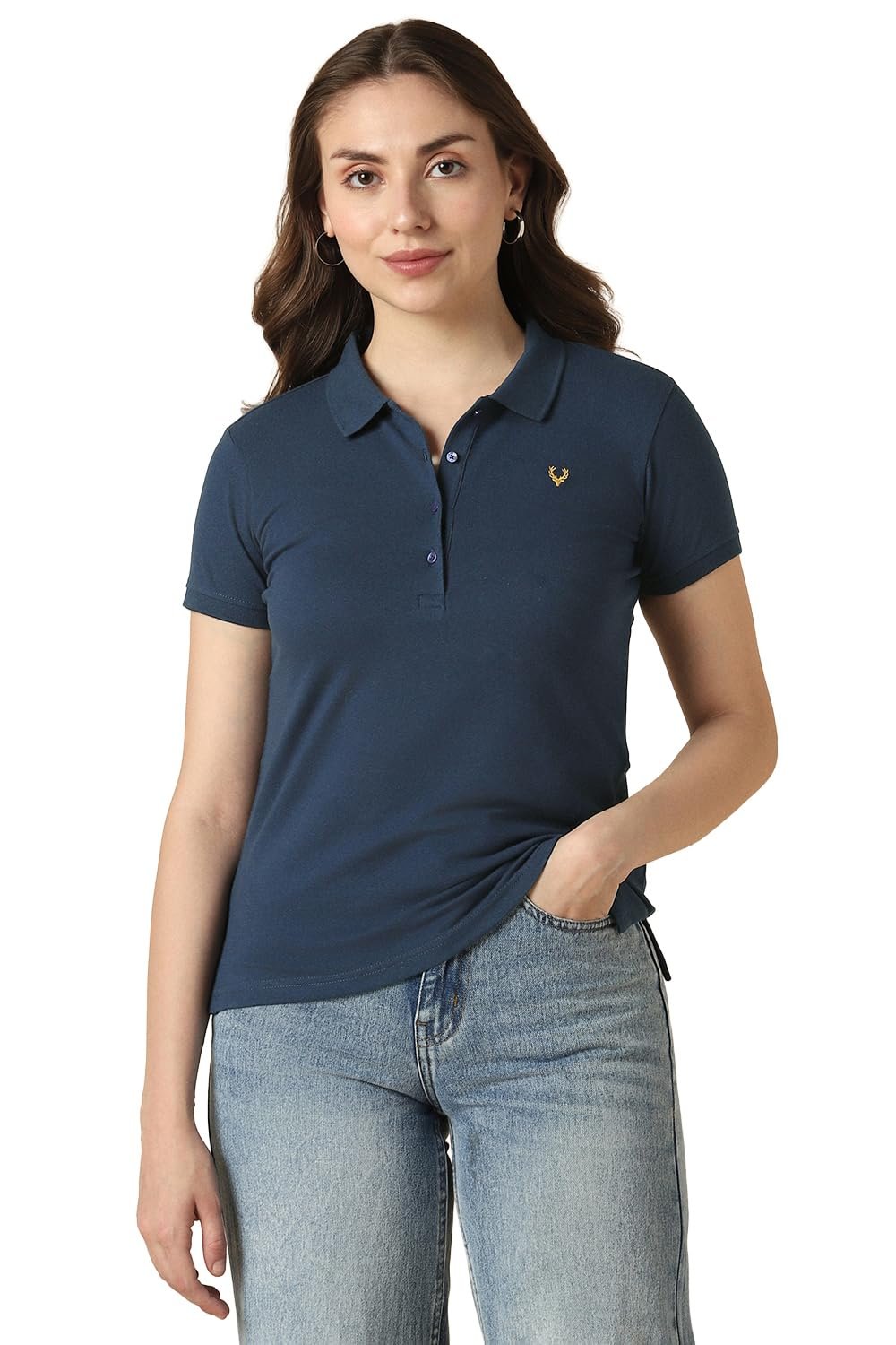 Allen Solly Women’s Polo Neck Synthetic T-Shirt | Soft Touch Fabric | Regular Fit | Solid Casual Tee