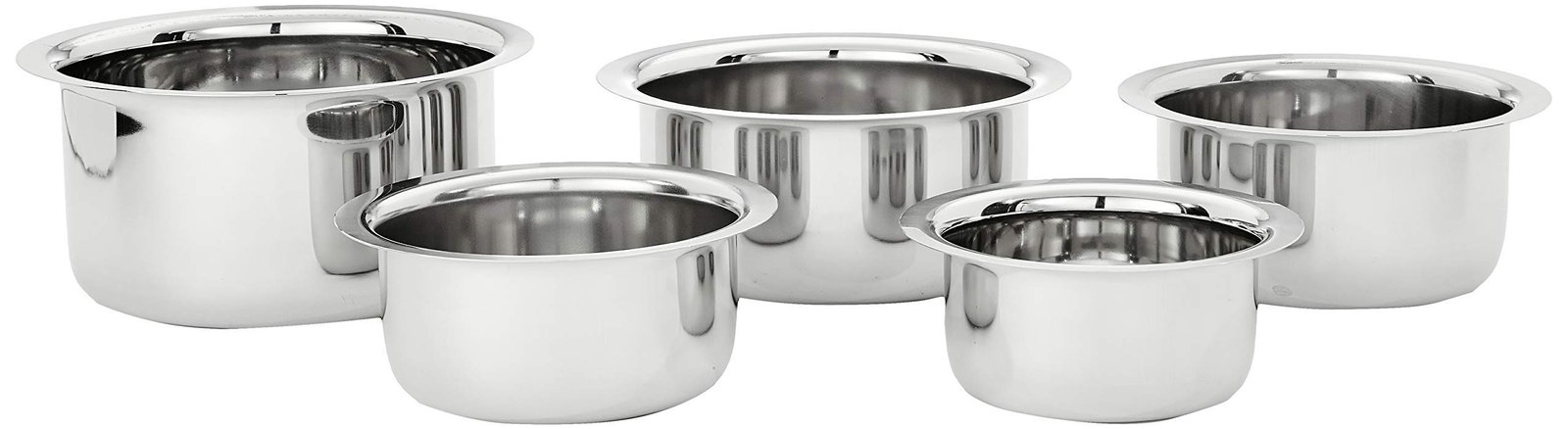 Amazon Brand – Solimo Tope Set of 5 | Stainless Steel | 420 ml, 550 ml, 840 ml, 1150 ml & 1550 ml | Induction and Gas compatible | Silver