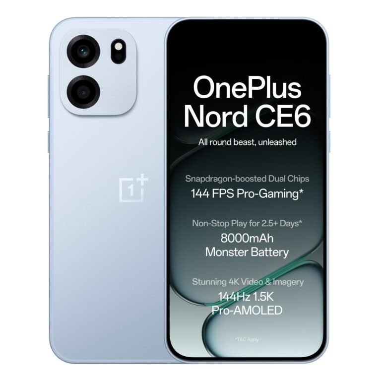 OnePlus Nord CE6 | 8GB+256GB | Fresh Blue | Snapdragon 7s Gen 4 | Segment’s Fastest Touch Response | 8000mAh Battery | 144Hz 1.5K AMOLED Display | 50MP Main + 32MP Selfie 4K Cameras | IP66,68,69,69K