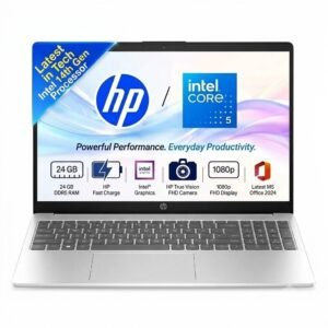 HP 15 Laptop, (14th Gen Core i5) Intel Core 5-120U (24GB RAM, 512GB SSD, Win 11, M365 Basic(1yr)* Office24,15.6”/39.6cm FHD Anti-Glare Display, Backlit KB, FHD Camera, Dual Speakers, Silver, 1.59kg)