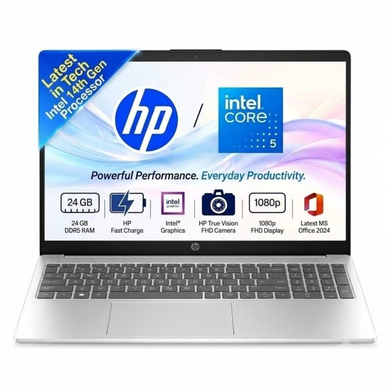 HP 15 Laptop, (14th Gen Core i5) Intel Core 5-120U (24GB RAM, 512GB SSD, Win 11, M365 Basic(1yr)* Office24,15.6”/39.6cm FHD Anti-Glare Display, Backlit KB, FHD Camera, Dual Speakers, Silver, 1.59kg)