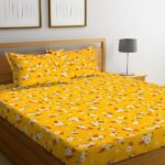 NEW LEAF Premium Cotton Elastic Fitted Bedsheets with 2 King Size Pillow Covers | Double Bed with All Around Elastic 220 TC Supersoft |Size-72 King Sizex78+10 inches | Floral, Yellow Red